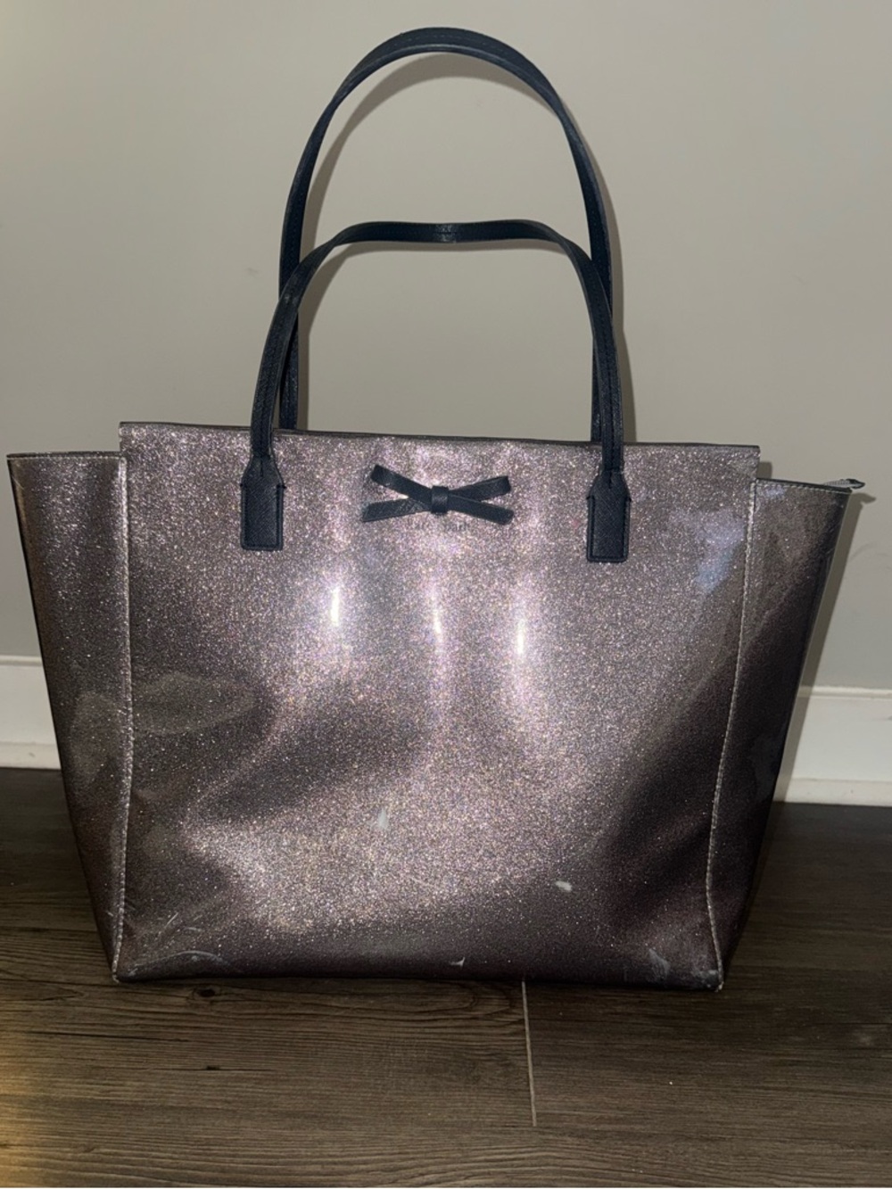 kate spade Metallic Glitter Tote with Bow Accent in Silver